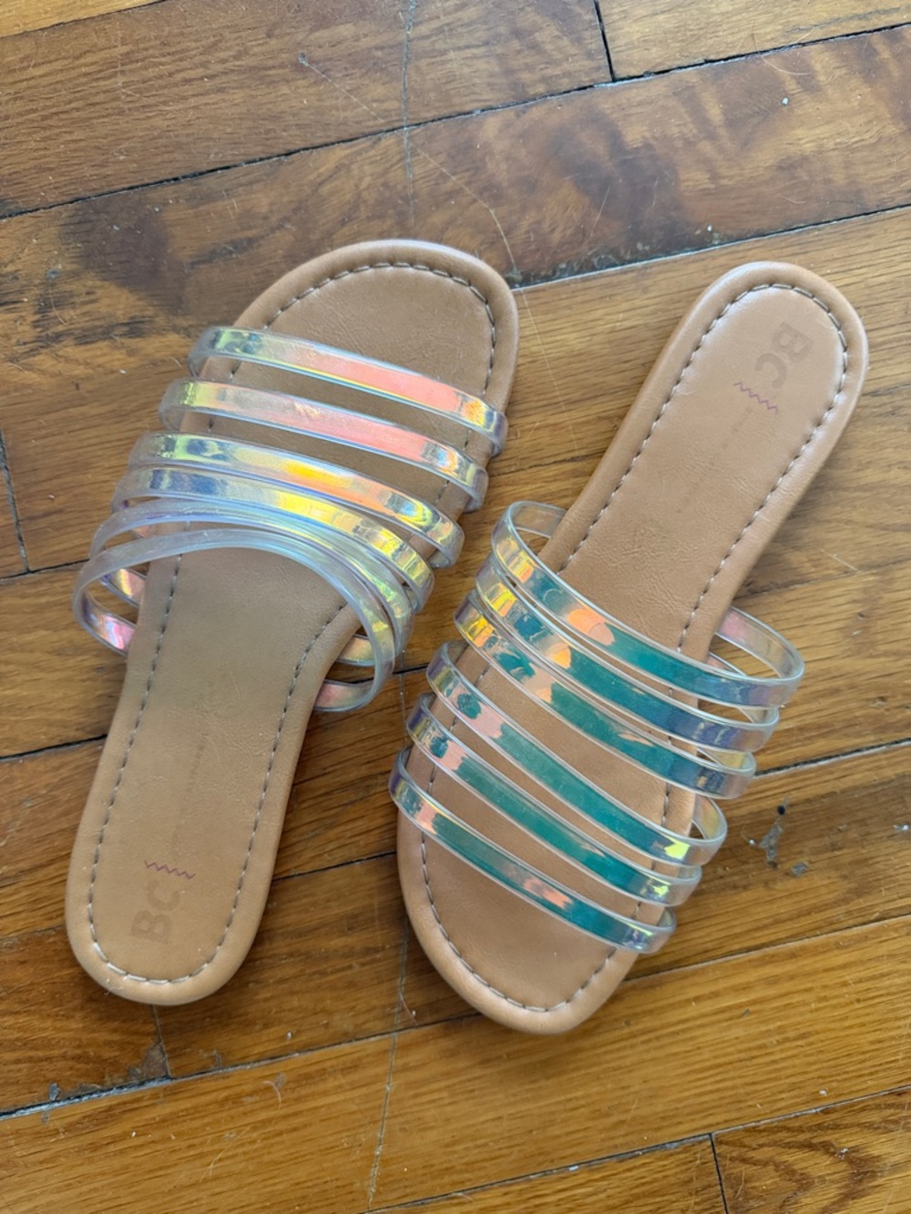 bp Holographic Clear Strap Slide Sandals with Tan Footbed